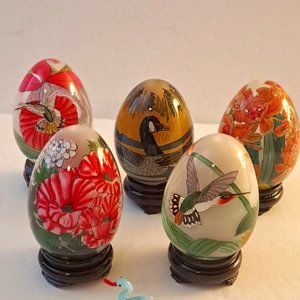Lot of 5 Vintage Chinese Reverse Hand-Painted Glass Eggs w/ Stands 4"